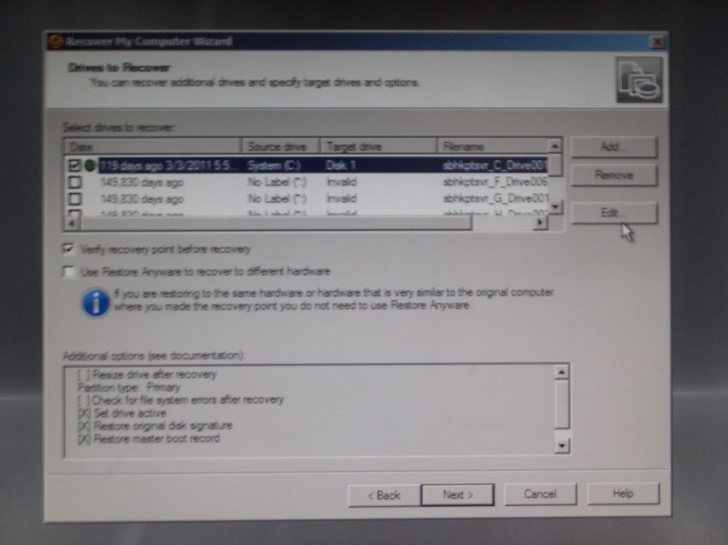 Symantec Backup Exec System Recovery Disk 還原